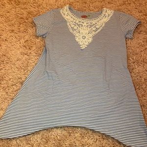 Blue and white striped shirt with white embroidery